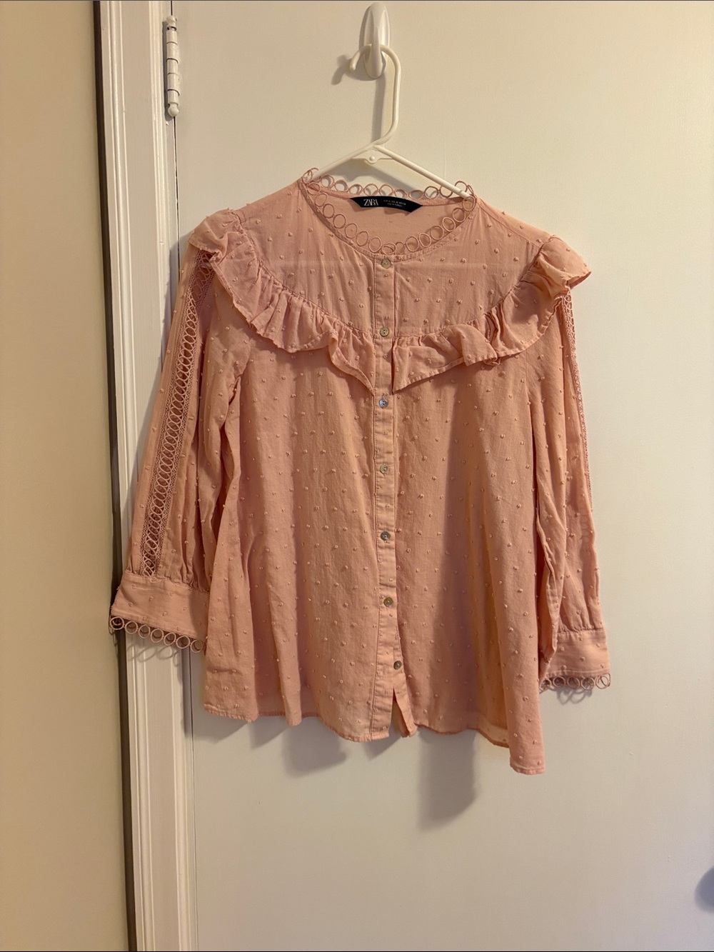 Zara Blush Pink Ruffle Swiss Dot Button-Down Blouse
